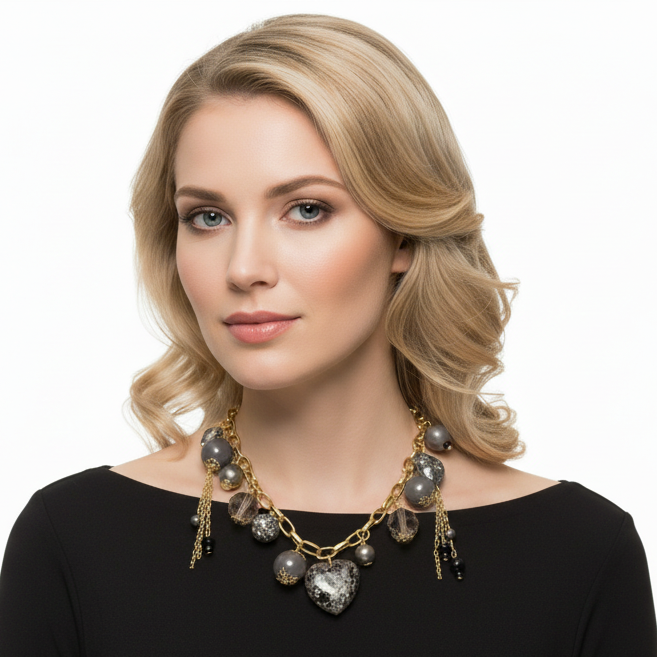 Collana Donna Tono Oro con Charms - Perle, Cuori e Cristalli di Lucite