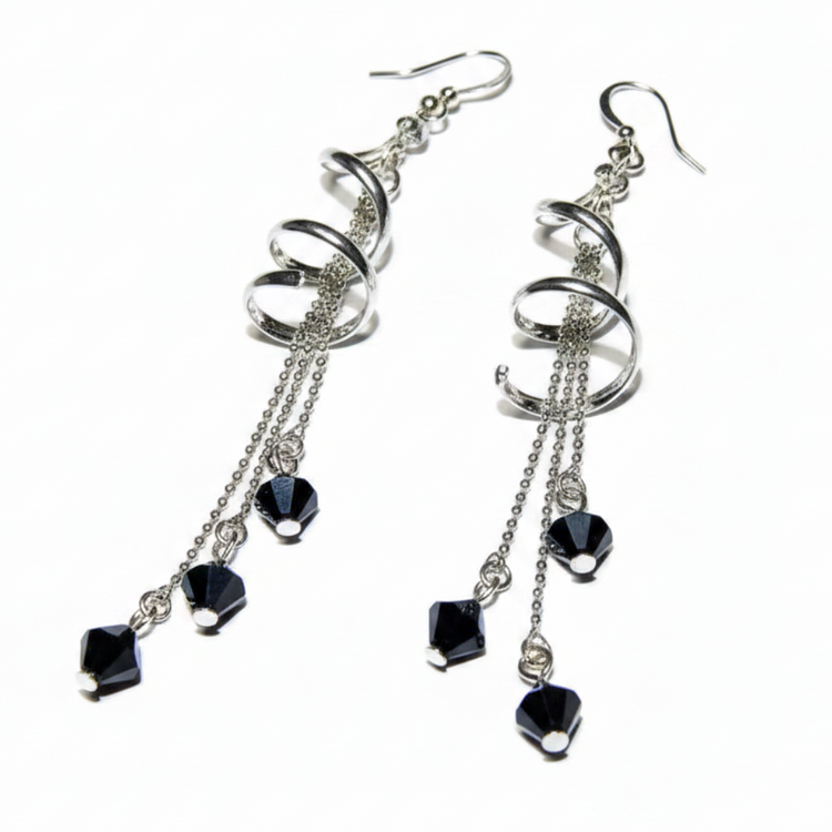 women's earrings in shiny silver tone long black briolette stones