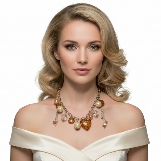 Women's gold tone necklace with pearl heart charms, black topaz amber crystals