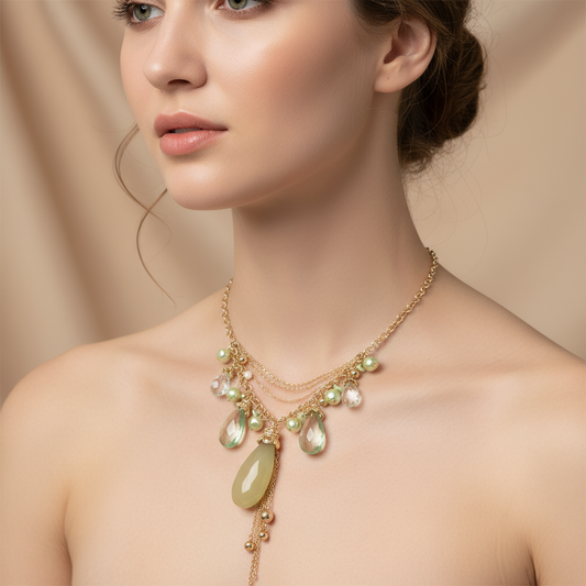 yellow gold tone charm necklace with GREEN pendants