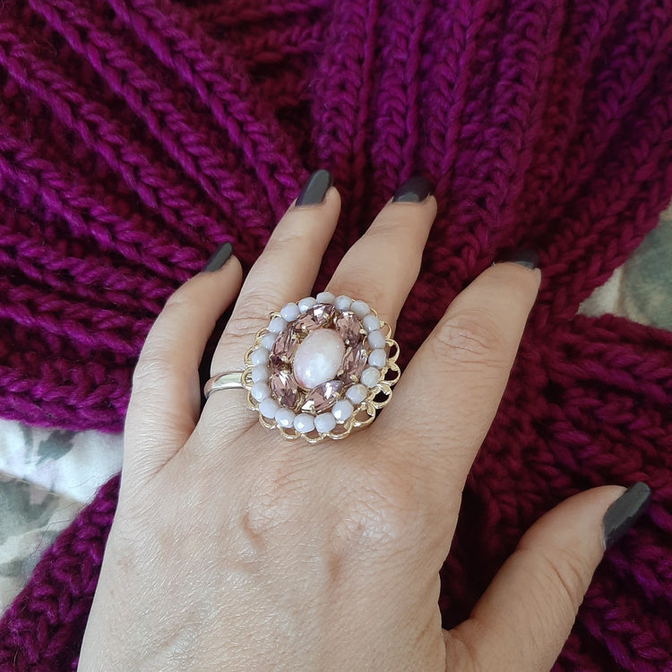 Anello donna tono oro con cristalli e perline VIOLA regolabile
