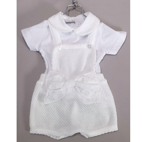 Newborn clinical outfit in white dungarees with bow Size 0