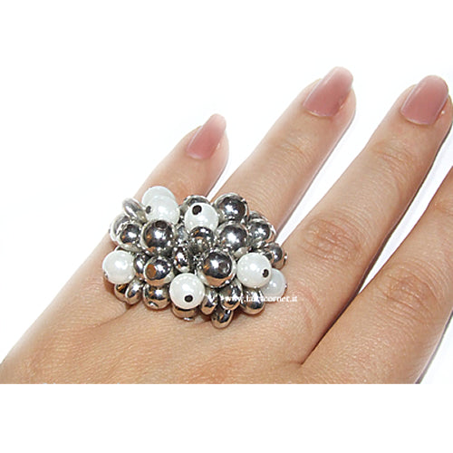 POUFF women's silver tone ring with pearls - adjustable