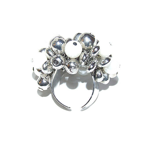 Anello donna POUFF tono argento con perle bianche – regolabile