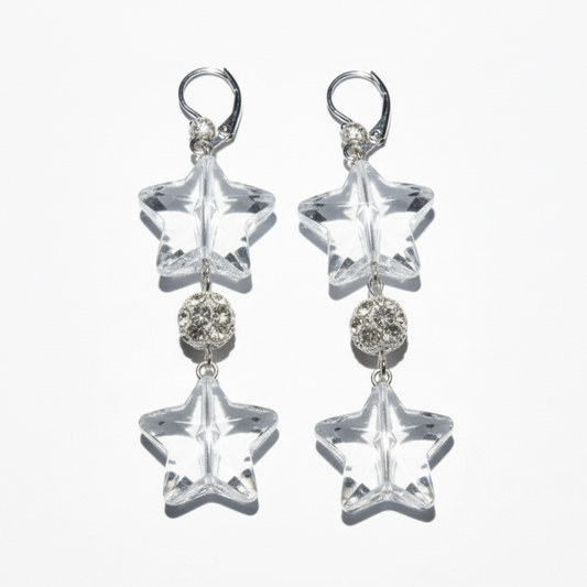 Women's silver tone star earrings with WHITE rhinestones