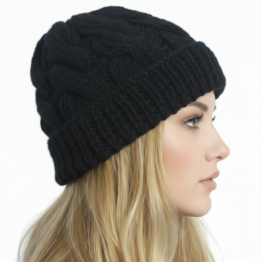 Berretto cappello donna lana Trecce con rovescia artigianale - nero