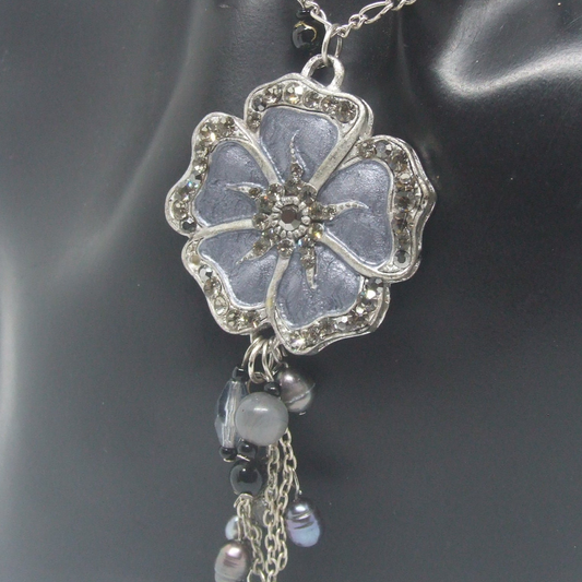 collana FIORE girocollo donna strass brillanti nero grigio e perle