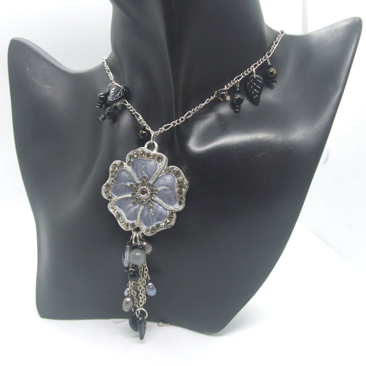 collana FIORE girocollo donna strass brillanti nero grigio e perle