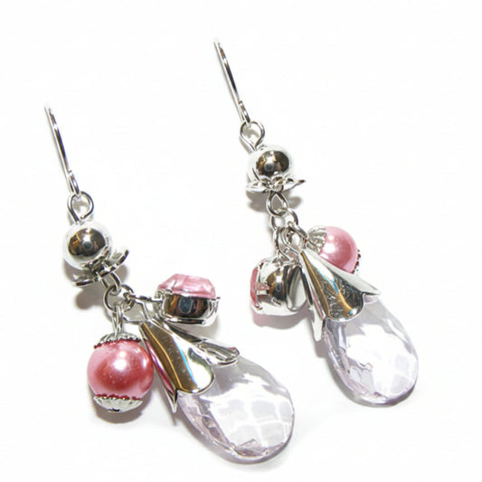 women's silver tone drop earrings with pearl and PINK rhinestones