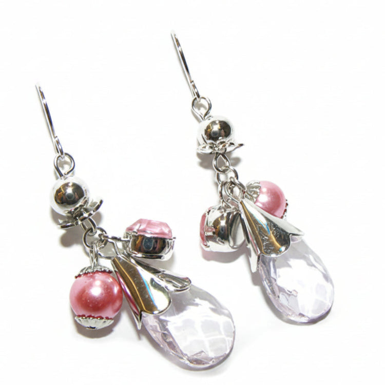 women's silver tone drop earrings with pearl and PINK rhinestones