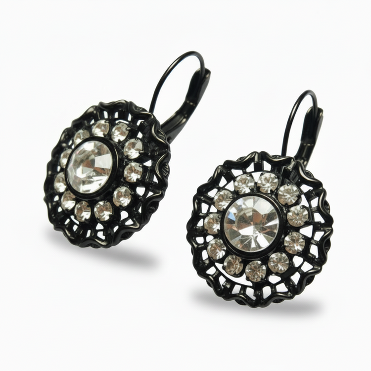 Orecchini Tono Anticato a Rosone Victorian Style con Strass Bianchi - 3.5cm