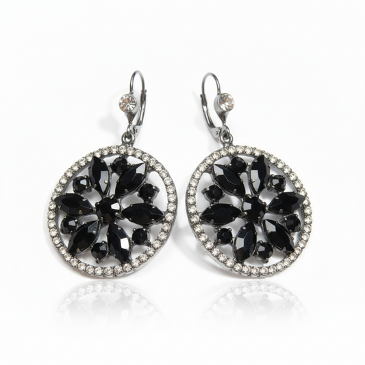 Orecchini Pendenti Neri a Rosone Victorian Style con Strass Neri e Bianchi - 6cm