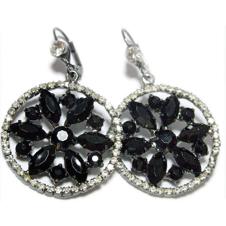 orecchini donna pendenti neri rosone victorian style strass neri e bianchi