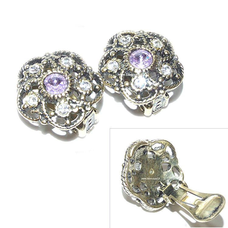 Women's antique tone amethyst pink FLOWER clip earrings