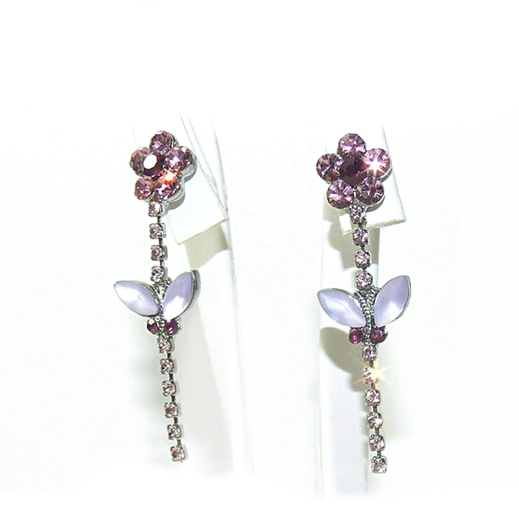Orecchini donna fiori viola strass