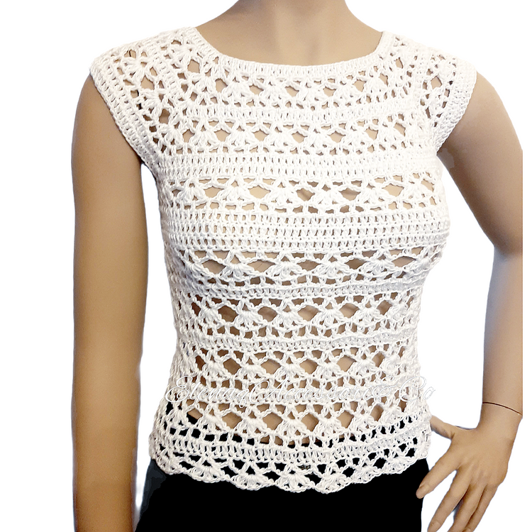 Crochet knitted top in handmade cotton lace - white