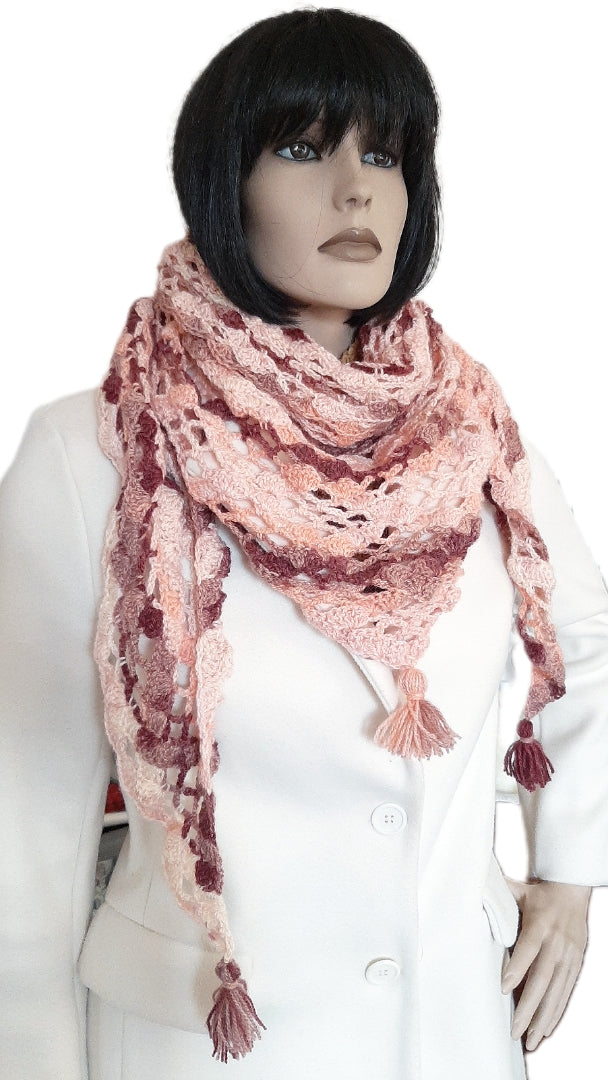 Shawl, Crochet Triangular Scarf with Tassels - Orange Pink