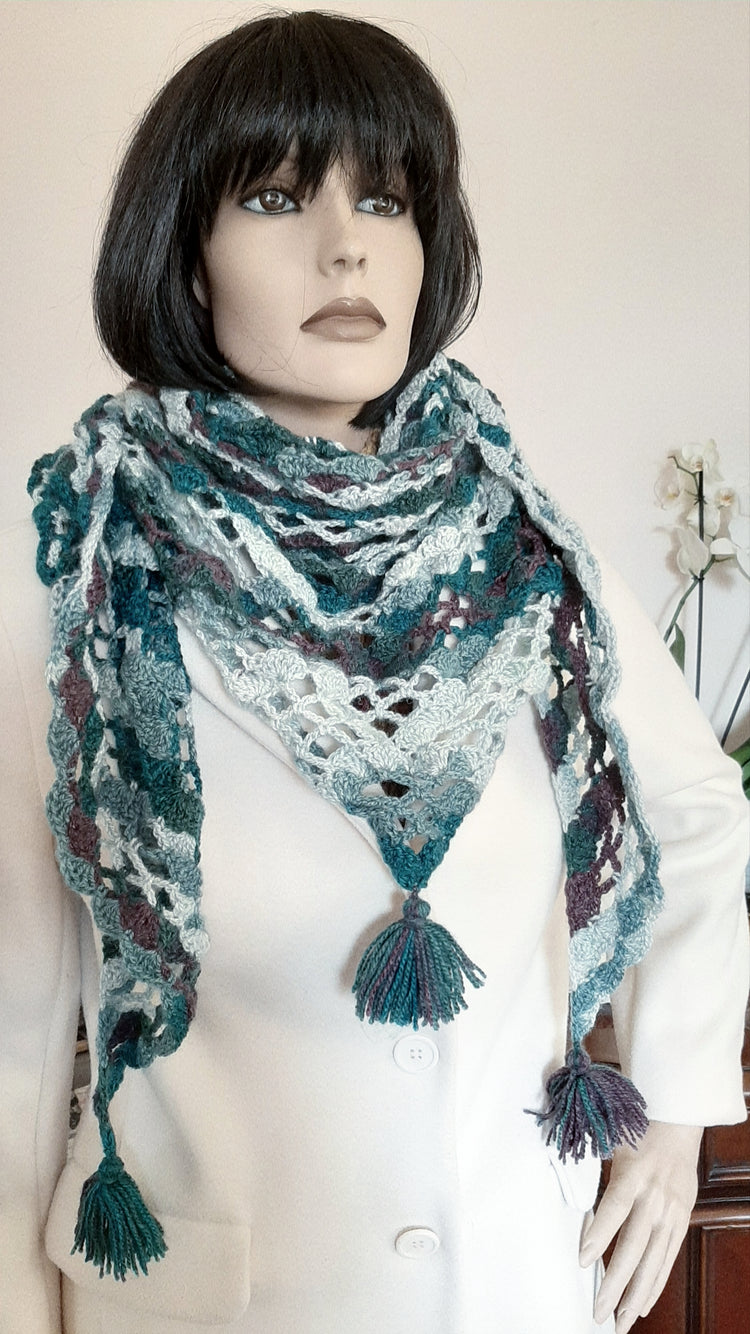 Shawl, Crochet Triangular Scarf with Tassels - Teal
