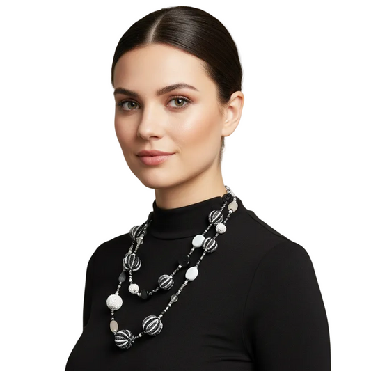 Collana Lunga Donna Sfere Perline Bianco e Nero - 80cm