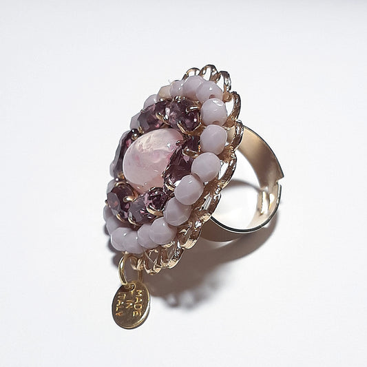Anello donna tono oro con cristalli e perline viola – regolabile – centrale ovale