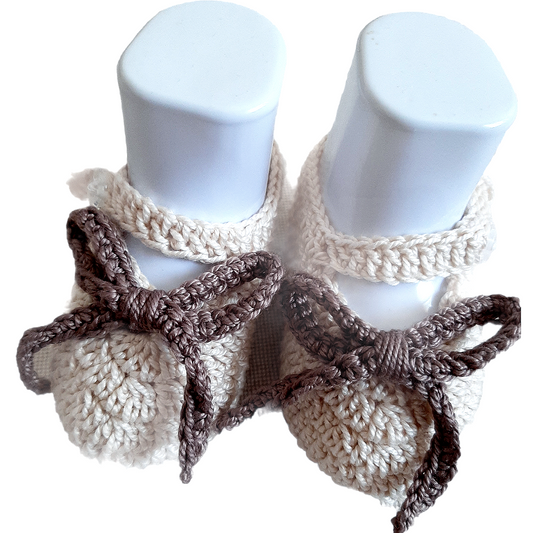 Scarpine Cotone Neonata Neonato 0-3 mesi Ecrù tipo bambola con fiocco - uncinetto