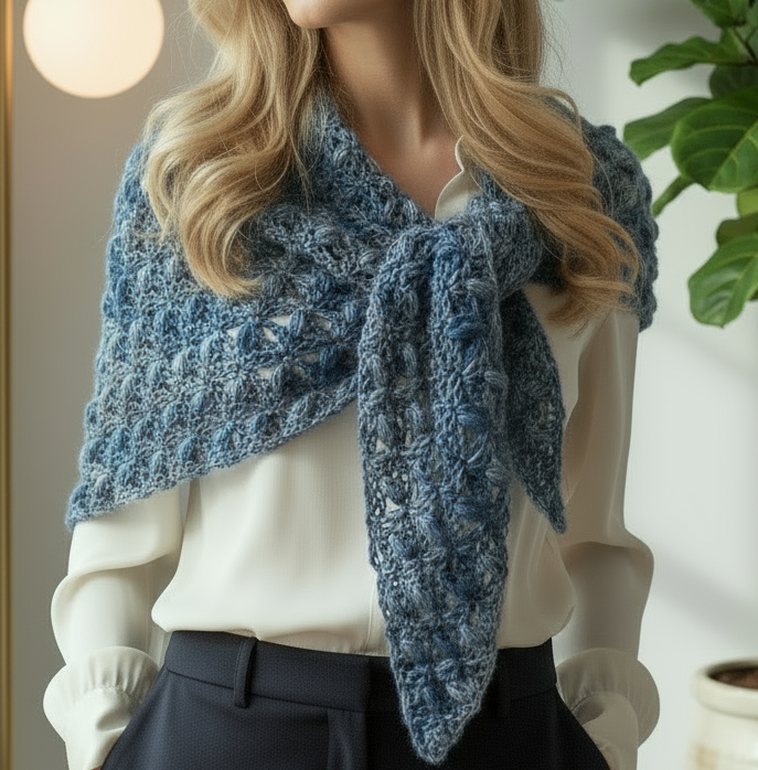Wool shawl crocheted in light blue tones