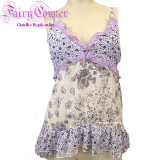 MISS MONEY MONEY Top bianco e lilla con fiori cotone e seta tg 42