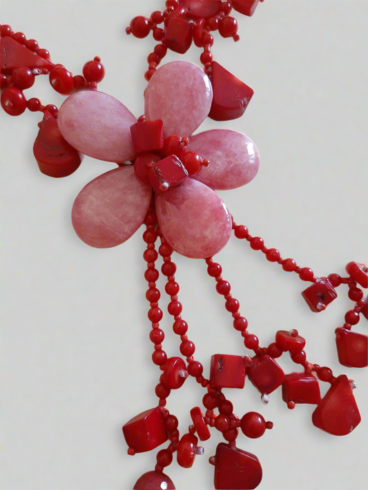 Collana in pietre naturali fiore corallo bamboo e agata