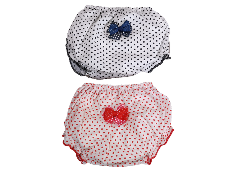 Newborn diaper panties with white bow and blue or red polka dots