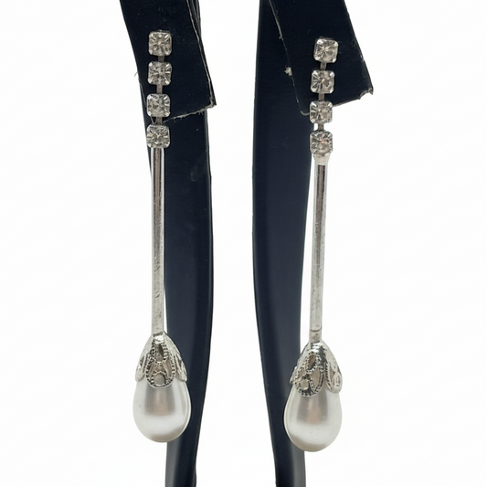 Orecchini Pendenti Tono Argento con Strass e Perla a Goccia - 5cm