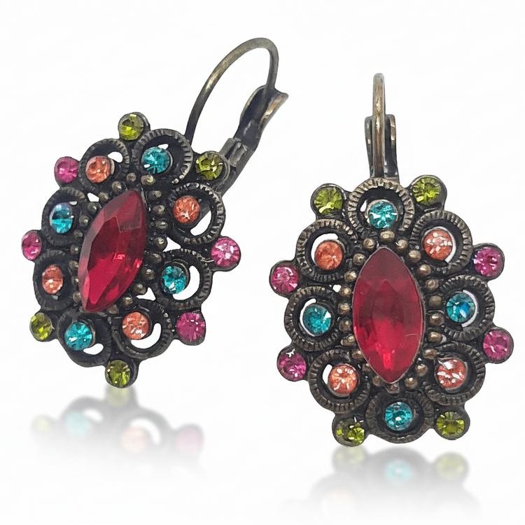 Orecchini Monachella Tono Anticato con Fiore Strass Multicolor