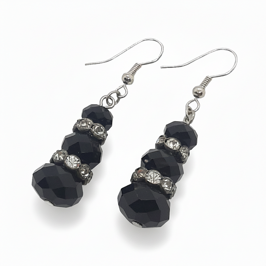 Orecchini Pendenti Tono Argento con Strass e Pietre Nere