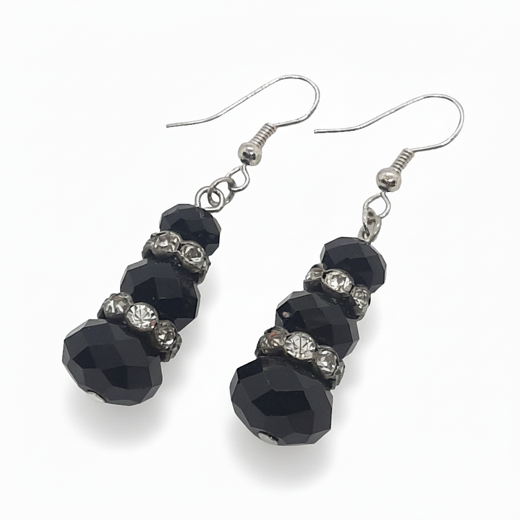 Orecchini Pendenti Tono Argento con Strass e Pietre Nere