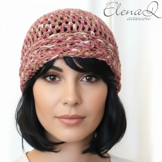 berretto donna lana sfumato marrone rosa merinos- uncinetto artigianale