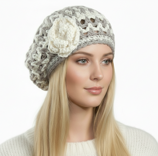 Basco Donna cappello berretto lana artigianale ZIG ZAG fiore