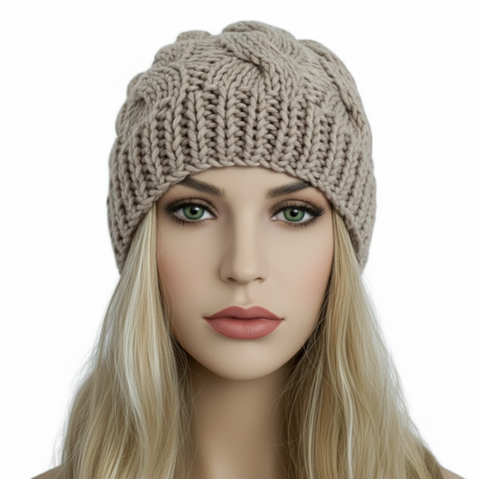 Berretto cappello donna lana Trecce artigianale beige dorato