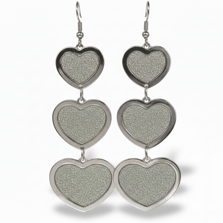 Orecchini Lunghi Tono Argento a Cuore con Glitter - 9.8cm Nickel Free