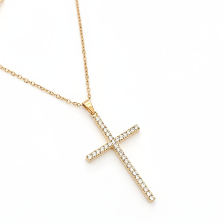 Collana con Ciondolo Croce e Zirconi Bianchi - Oro o Argento