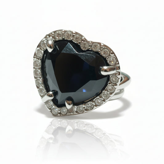 Anello Donna Cuore Pietra Nera e Strass Bianchi - Metallo Tono Argento