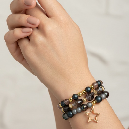 Bracciale Multifilo Nero e Oro con Ciondolo Stella