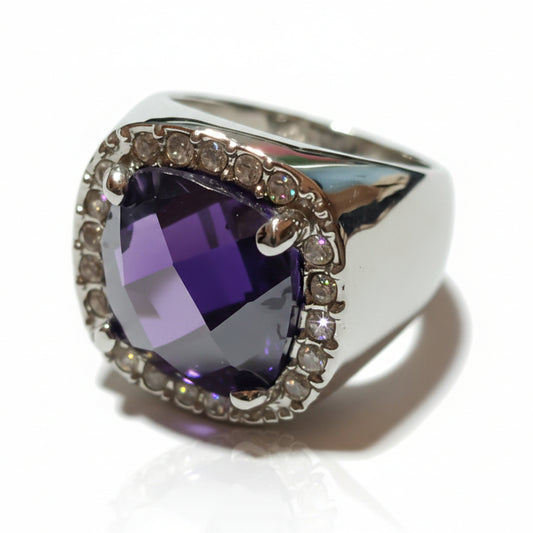 Grande anello donna metallo tono argento pietra viola