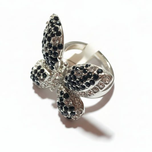 Anello Donna a FARFALLA strass bianchi e neri - Metallo Tono Argento