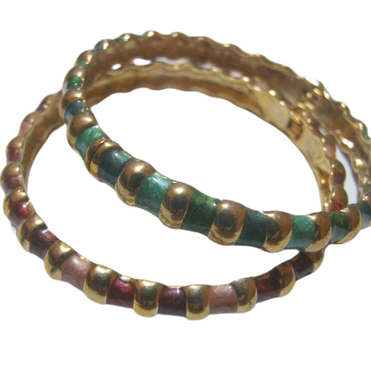 set 2 bracciali rigidi donna tono oro e smalto verde e rosso