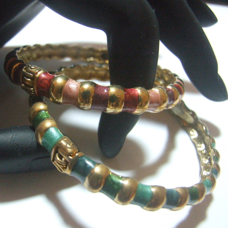 set of 2 women's rigid bracelets in gold tone and green and red enamel