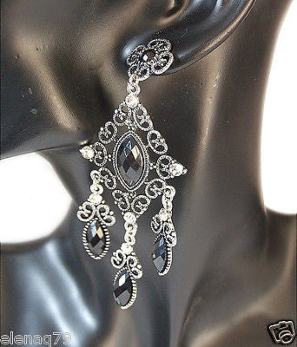 orecchini donna lunghi sera victorian style pietre nere anticati tono argento - Fairy Corner