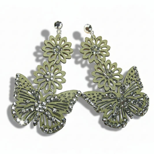 orecchini donna lunghi tono argento simil pelle strass FARFALLE - verde - Fairy Corner