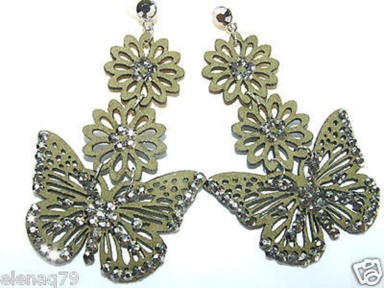 orecchini donna lunghi tono argento simil pelle strass FARFALLE - verde - Fairy Corner