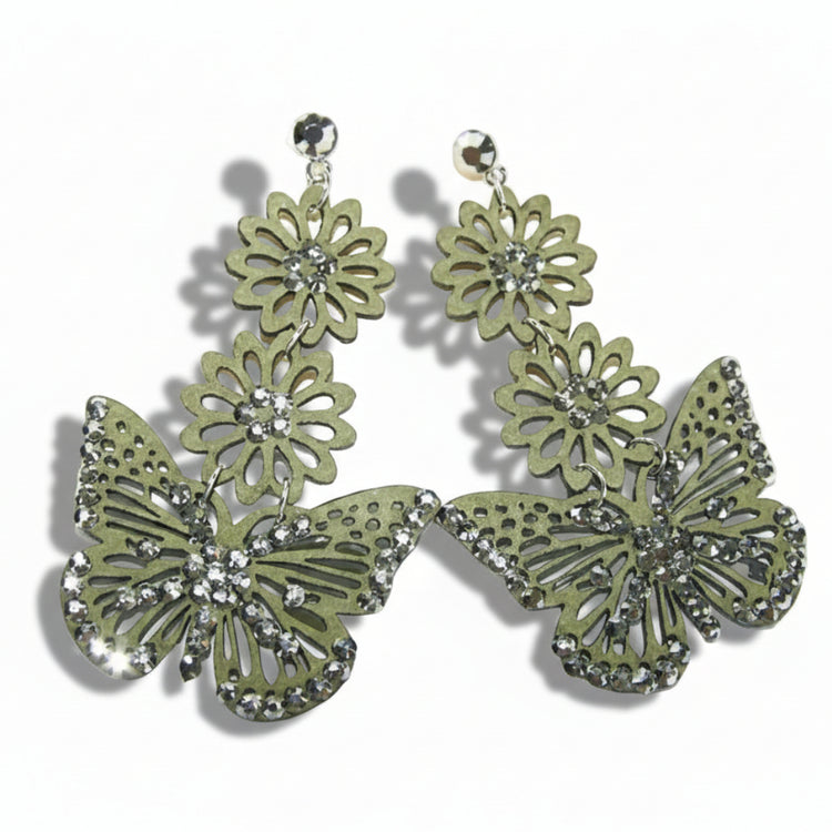 orecchini donna lunghi tono argento simil pelle strass FARFALLE - verde - Fairy Corner
