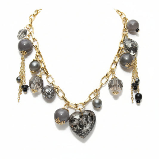 Collana donna tono oro charms perle cuore cristalli nero topazio ambra - Fairy Corner
