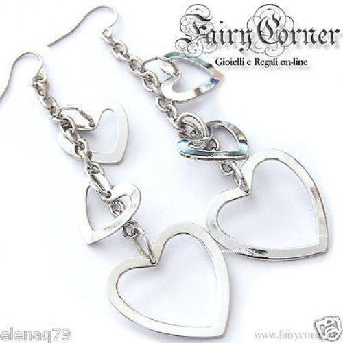 orecchini donna tono argento lucido lunghi cascata di cuori - Fairy Corner